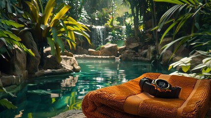 Wall Mural - a smartwatch and towel are left on the side of a jungle pool