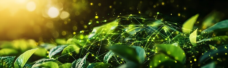 Poster - The image features vibrant green leaves glistening with droplets, illuminated by warm sunlight, creating a refreshing and tranquil natural scene.