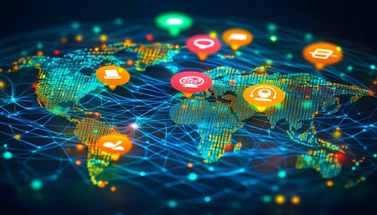 Aufkleber - A vibrant digital map showcasing global connectivity with colorful social media icons representing various communication platforms.