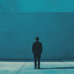 A solitary figure in all-black, facing a vast blue wall, conveying themes of isolation and contemplation in modern life.