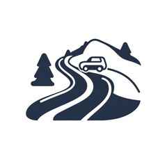 Poster - A small car moves along a winding road, passing by trees and mountains in a tranquil, natural environment. Generative AI