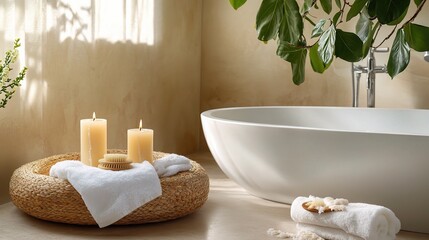 Canvas Print - Tranquil Bathroom Scene with Candles and Greenery