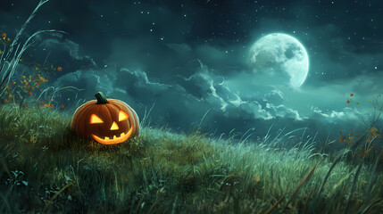 Halloween themed composition featuring a smiling pumpkin head on a green meadow under a dark night sky with a large white moon. Whispering Meadow. Illustration