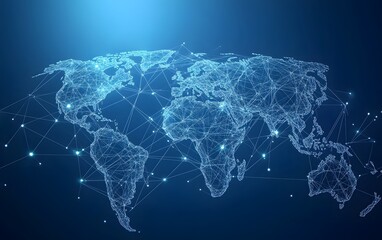 Leinwandbilder - A glowing, digital representation of a world map, showcasing interconnected points of light over a dark blue background, symbolizing global connectivity.