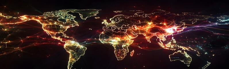 Leinwandbilder - A vibrant, illuminated map of the world showcases the interconnectedness of cities with glowing lights, illustrating global activity and trade.
