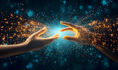 Poster - Two hands reach towards each other, creating a glowing spark of energy amidst a backdrop of shimmering lights.