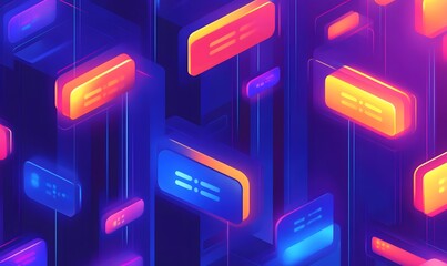 Poster - A vibrant digital landscape featuring colorful, illuminated text boxes against a dark background, representing data flow and modern technology.