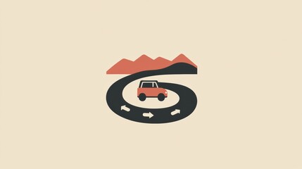 Poster - A small car travels along a winding road, surrounded by scenic mountains under a bright sky, suggesting a journey in nature. Generative AI