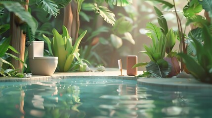 Wall Mural - a streaming gadget and a toilet brush relaxing next to a tropical jungle pool