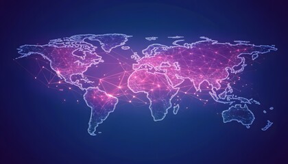 Leinwandbilder - A digital world map with glowing nodes and lines representing connectivity and data flow across regions, showcasing a vibrant, interconnected global landscape.