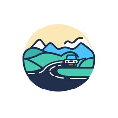 Poster - A small, minimalist car travels on a curvy road surrounded by green hills and mountains under a blue sky, creating a peaceful atmosphere. Generative AI