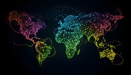 Poster - A vibrant, colorful map of the world illuminated with glowing dots, representing connectivity and the digital age.