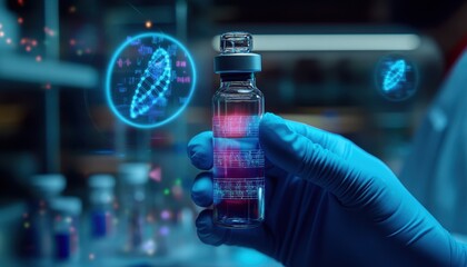 A futuristic hand holding a glowing vaccine vial with holographic displays of DNA and molecular structures in a lab environment.