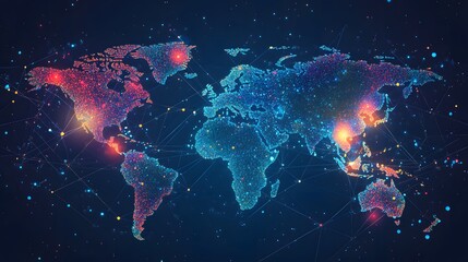 Leinwandbilder - A vibrant, digitally rendered world map illuminated by colorful points of light, representing data connections and global networks.