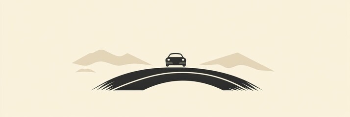 Poster - A simple car drives along a curved road, surrounded by gentle mountains under a soft, muted sky during the evening. Generative AI