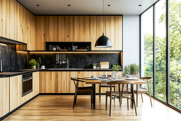 Modern Kitchen Interior Design with Dining Table and Cabinets, Ideal for Wall Mockup Display