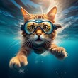 © Cynthia - a cat jumps into the water wearing diving goggles