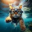© Cynthia - a cat jumps into the water wearing diving goggles