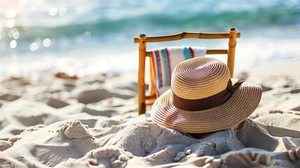 Wall Mural - a sun hat and a towel rack in the sand