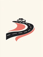 Aufkleber - A sleek, minimalist car drives along a curvy road, representing the journey of exploration and the thrill of the open road. Generative AI