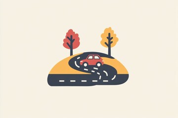 Poster - A small, minimalist car travels on a curvy road lined with colorful trees, showcasing a tranquil and scenic drive through nature. Generative AI