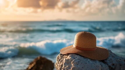 Wall Mural - a sunhat perched atop a rock near the waves of the ocean