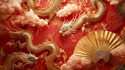 A festive Chinese-inspired design featuring detailed dragons, fans, and swirling clouds in a red and gold color scheme