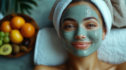 Woman with a green face mask on her face. She is smiling and has a white towel on her head