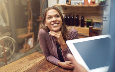 Sticker - Woman, waiter and customer with tablet, pride and comfort for weekend, relax and peace in cafe. Female person, coffee shop and tech for order in restaurant as happy for breakfast, beverage or morning