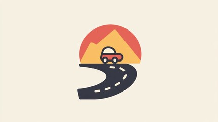 Poster - A small, minimalist car drives along a winding road, surrounded by mountains under a vibrant sunset backdrop in a serene landscape. Generative AI