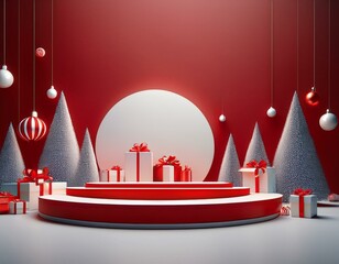 merry christmas happy present white red platform render landscape decoration platform simple studio