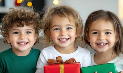 Three happy kids holding holiday gifts and smiling in a festive setting