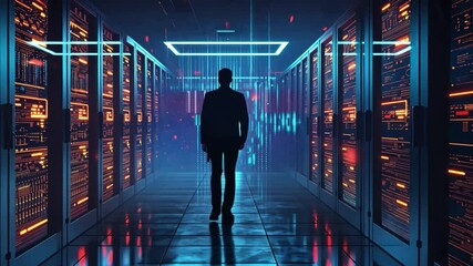Leinwandbilder - In a high-tech data center, a silhouette of a professional walks among rows of illuminated servers. The vibrant colors create a futuristic atmosphere during the evening.