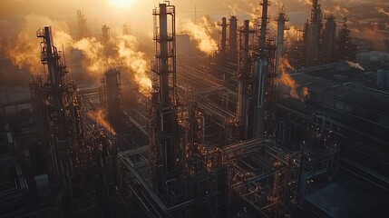 Canvas Print - Industrial Complex at Sunrise with Smoke Emissions