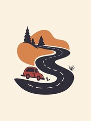 Poster - A small car travels along a winding road, framed by gentle hills and trees, capturing the essence of a tranquil journey. Generative AI