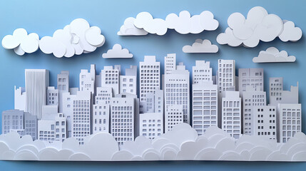 A layered papercut cityscape with buildings and skyscrapers in various shades of gray and white, creating a D effect with a blue sky background. --chaos