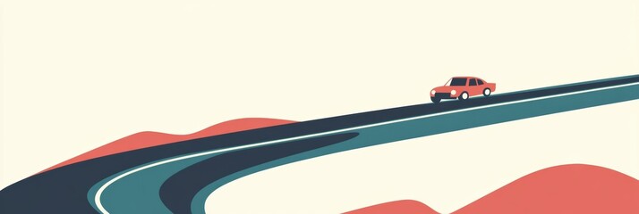 Poster - A small, stylish car is driving along a serpentine road surrounded by minimalistic hills on a sunny day, showcasing a tranquil journey. Generative AI