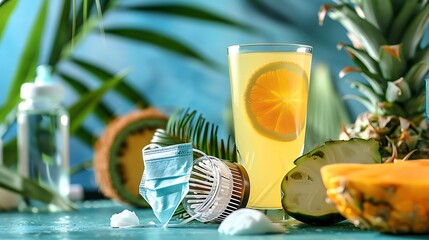 A tube of face masks next to a tropical beverage