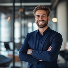 A confident man in a suit smiling inside a modern office, exuding professionalism.