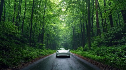 Poster - Car on a Tree-Lined Road in Green Forest