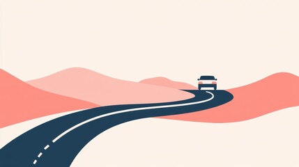 Poster - A small, minimalist car travels on a curving road, surrounded by soft hills during the evening light, evoking a sense of adventure. Generative AI