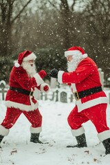 Two Santa Claus figures playfully sparring in a snowy graveyard.