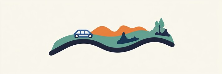 Poster - A small, minimalist car navigates a winding road surrounded by hills and trees under clear skies. Generative AI