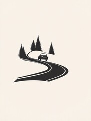 Leinwandbilder - A sleek, minimalist car drives along a twisting road, framed by tall trees, creating a serene and tranquil atmosphere. Generative AI