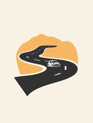 Poster - A small, minimalist car drives along a twisting road surrounded by stylized hills, emphasizing the adventure of the journey under clear skies. Generative AI