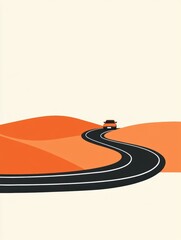 Poster - A small car navigates a curvy road that runs through rolling orange hills under a clear sky. Generative AI