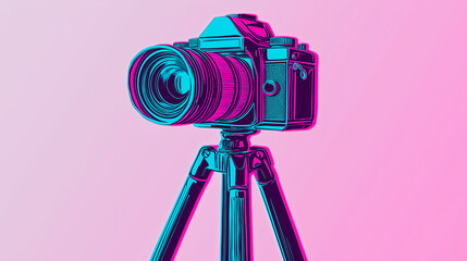 Retro-style neon camera illustration with vibrant colors on tripod, combining modern design and vintage aesthetics for creative photography artwork