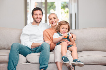 Wall Mural - Portrait, house and family on sofa, kid and parents with happiness, bonding together and relax in lounge. Face, apartment and mother with father, child on couch and comfort with care in living room