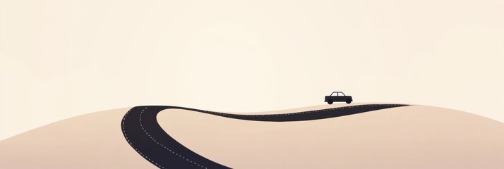Poster - A small, minimalist car drives along a winding road, tracing the curves through expansive desert hills under a clear sky. Generative AI
