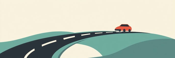 Poster - A small minimalist car drives along a winding road, surrounded by gentle hills under a bright, unobstructed sky. Generative AI